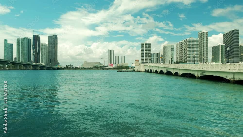 High definition video of the downtown Miami skyline viewed from Biscayne Bay along the Venetian Causeway.