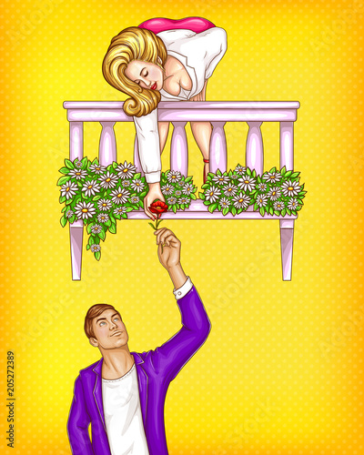 Vector pop art male character gives flower to the girl on balcony. Romantic concept of date, meeting with brown haired macho in jacket, blonde overweight woman isolated on yellow dotted background
