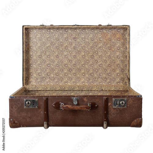 Retro suitcase with the lid open isolated on white background.