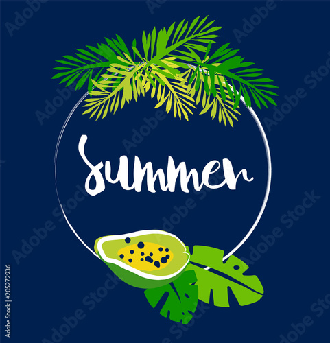 Tropical card with frame, palm leaves, papaya and text on dark background. Flat design. Vector summer illustration.