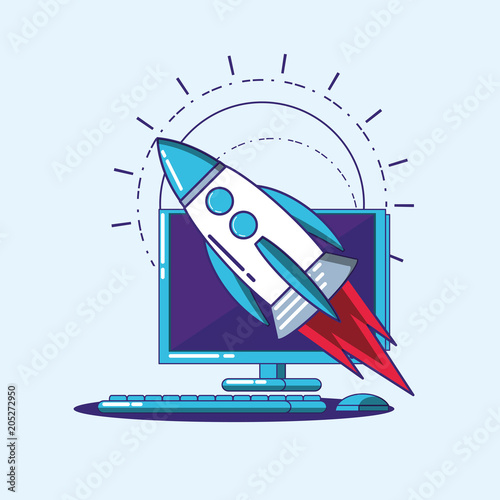 Fintech design with computer and rocket over blue background  colorful design. vector illustration