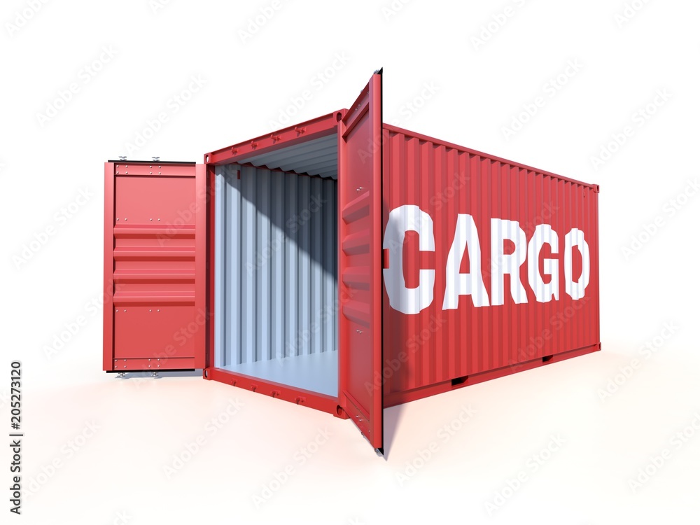 Ship cargo container side view with cardboard boxes