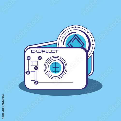 financial technology design with e-wallet and cryptocoin over blue background, colorful design. vector illustration