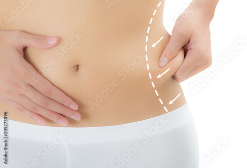 Close up  Woman grabbing skin on her flanks with the drawing arrows, Lose weight and liposuction cellulite removal concept, Isolated on white background.