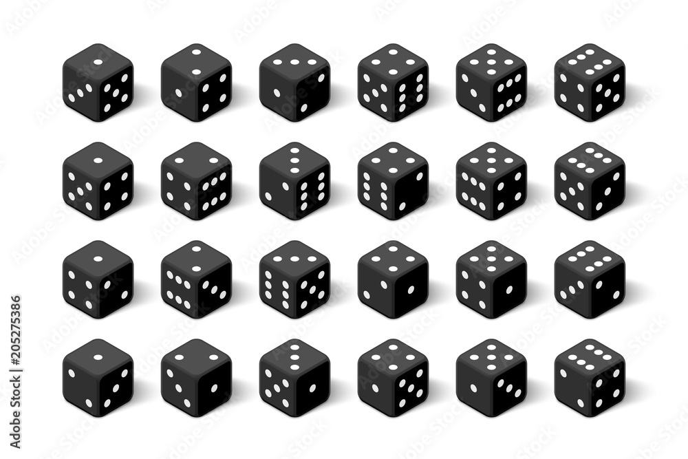 3d black isometric dice collection. All possible turns for dice game 3d black isometric dice collection. All possible turns for dice game