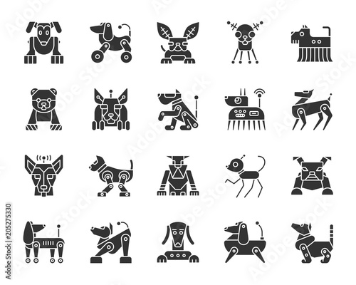 Robot Dog black silhouette icons vector set