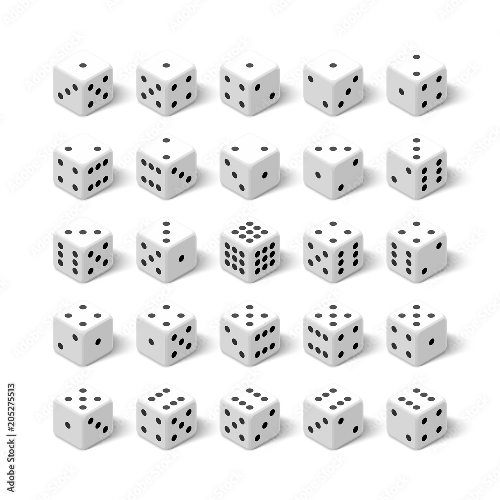 24 white isometric 3d dice set. All combinations for gambling game 24 white isometric 3d dice set. All combinations for gambling game