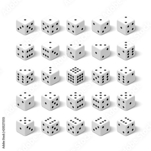 24 white isometric 3d dice set. All combinations for gambling game