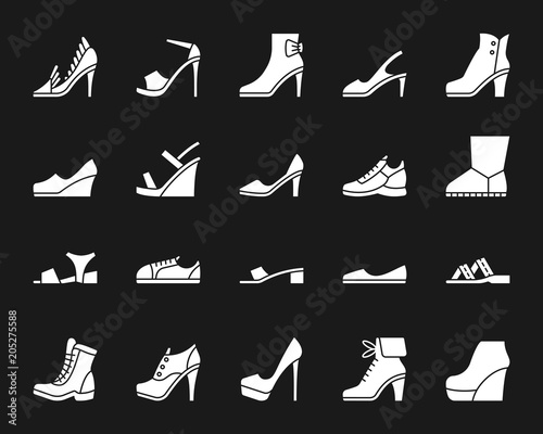 Shoes white silhouette icons vector set on black