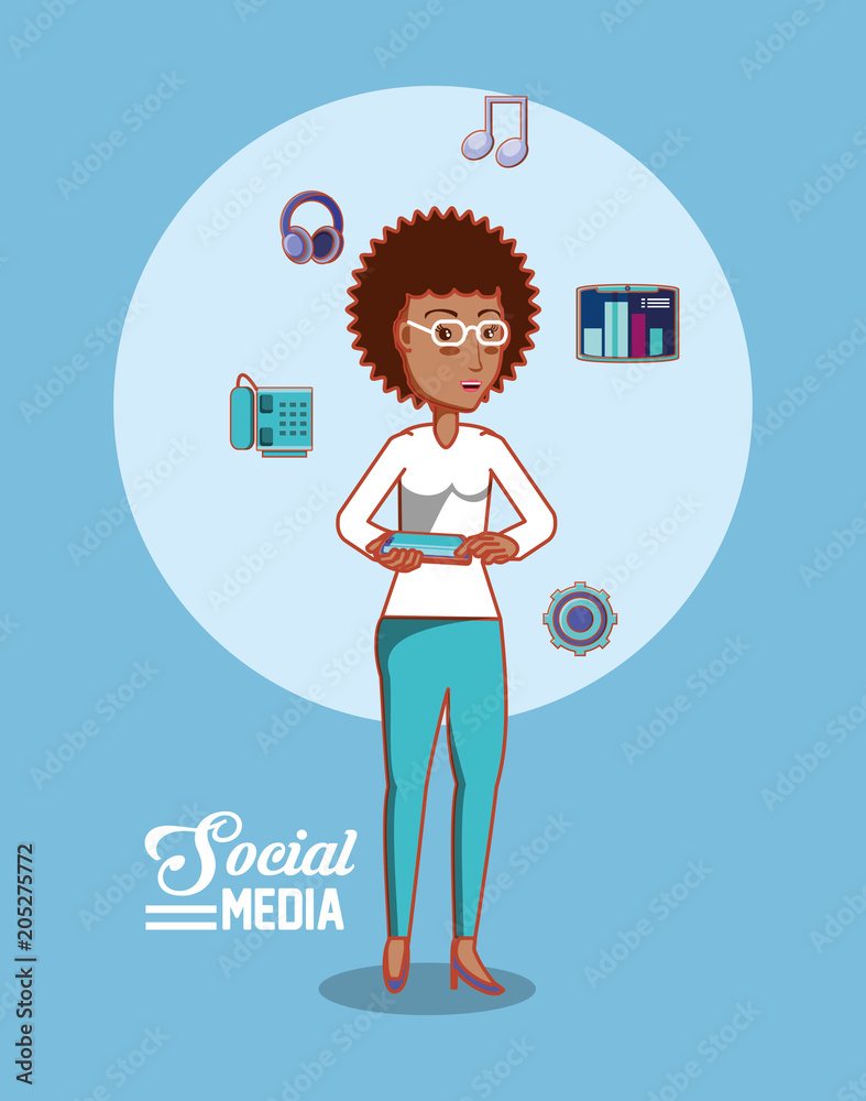 social media design with cartoon woman and related icons over blue background, colorful design. vector illustration social media design with cartoon woman and related icons over blue background, colorful design. vector illustration
