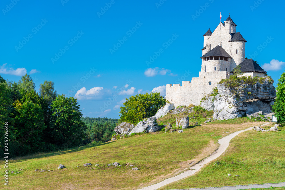 Bobolice, Poland - August 13, 2017: Poland's landmark medieval castle Bobolice against the blue sky