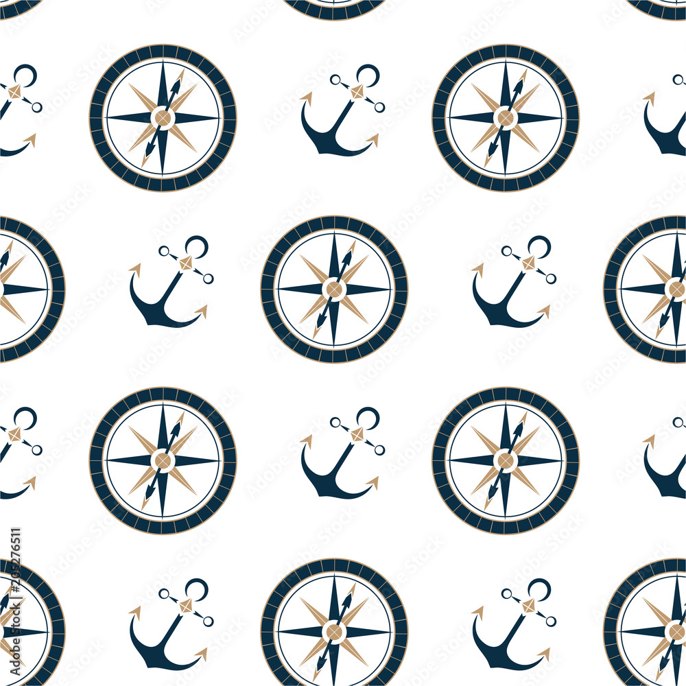 Marine compass and ship anchor seamless pattern.