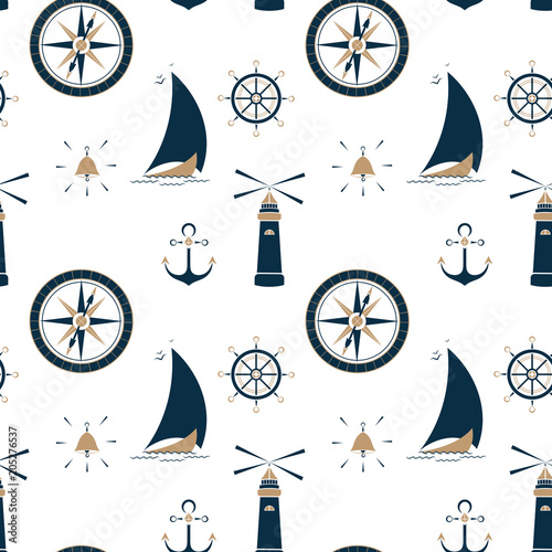 Sailboat on the waves, beacon, anchor, steering wheel and sea compass seamless pattern.