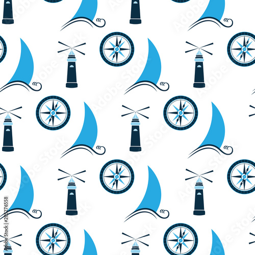 Sailboat on wave, lighthouse and sea compass seamless pattern.