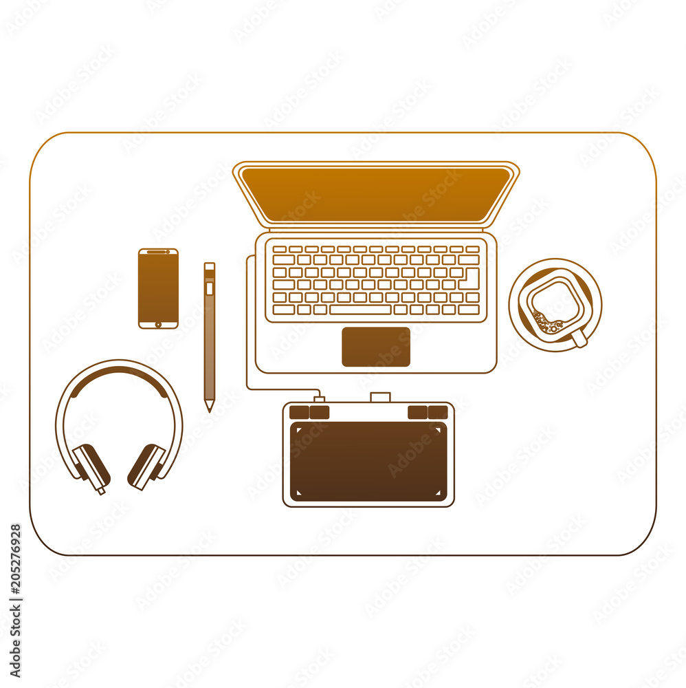 workspace desk computer designer tablet headphones and coffee cup vector illustration degrade color workspace desk computer designer tablet headphones and coffee cup vector illustration degrade color