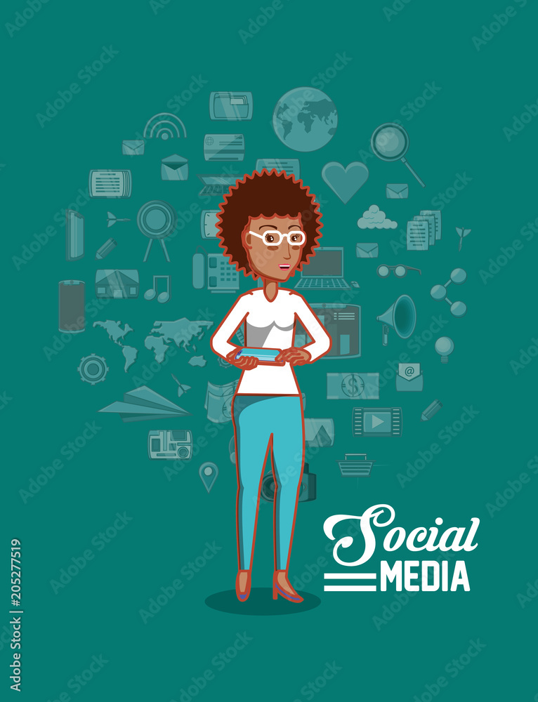 social media design with cartoon woman and related icons over turquoise background, colorful design. vector illustration social media design with cartoon woman and related icons over turquoise background, colorful design. vector illustration