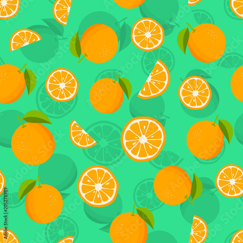Seamless pattern with oranges and leaves. Citrus background with juicy oranges. Vector illustration