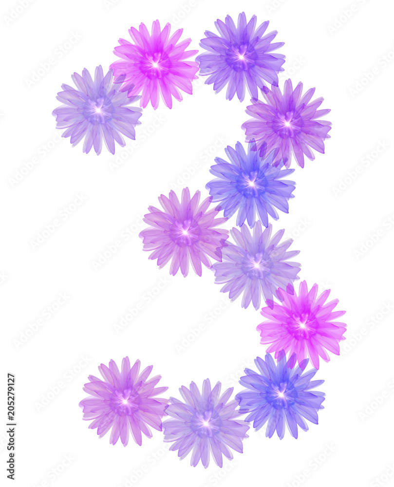 3d number three of purple flowers, design element