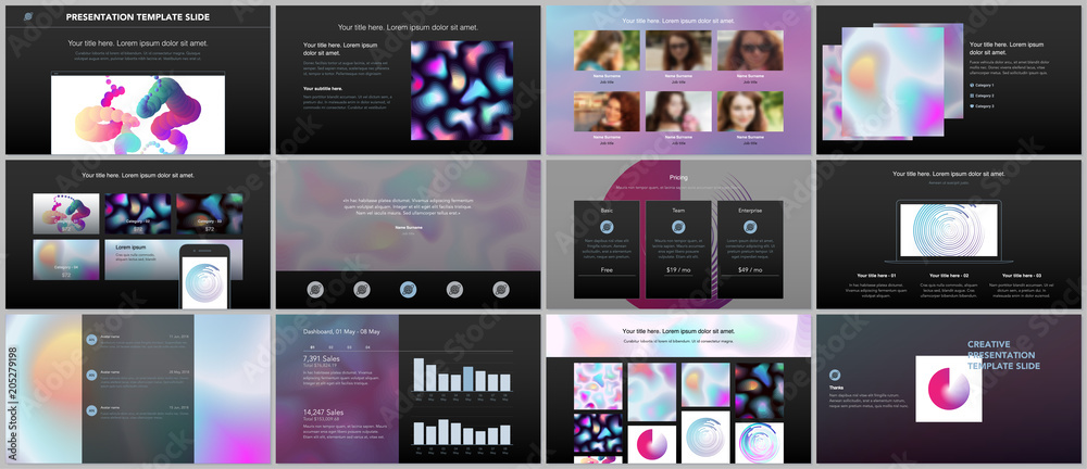 Minimal presentations, portfolio templates with geometric patterns, gradients, fluid shapes on black background. Brochure cover vector design. Presentation slides for flyer, brochure, report etc Minimal presentations, portfolio templates with geometric patterns, gradients, fluid shapes on black background. Brochure cover vector design. Presentation slides for flyer, brochure, report etc