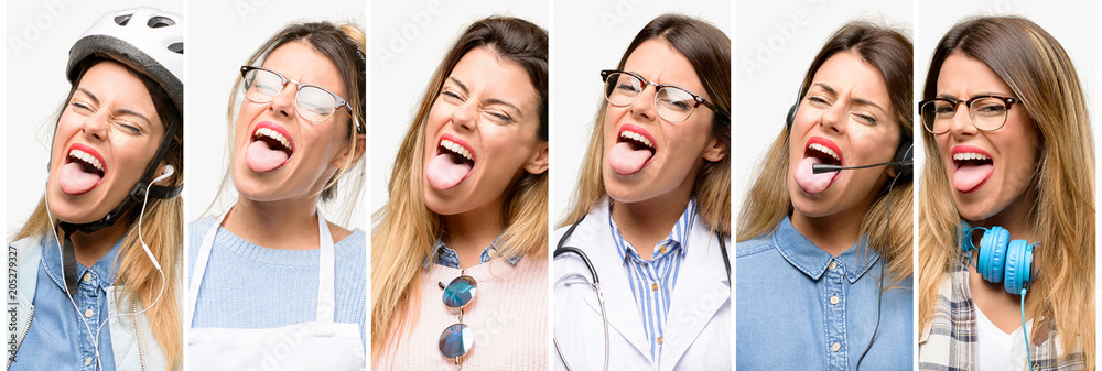 Cool woman, different professions looking at camera showing tong and making victory sign with fingers