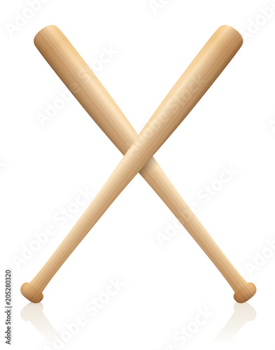 Baseball bats x crossed. Symbol for sporting competition, match, contest, battle, fight. Wooden textured, isolated vector illustration of two bats on white background.