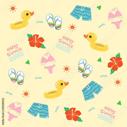 Duck inflatable ring with Summer objects theme , Summer pattern, Vector illustration photo