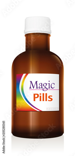 Medical vial bottle named MAGIC PILLS. Panacea product to promise miracle cure, assured health or other wonders concerning healing issues. Vector on white background.