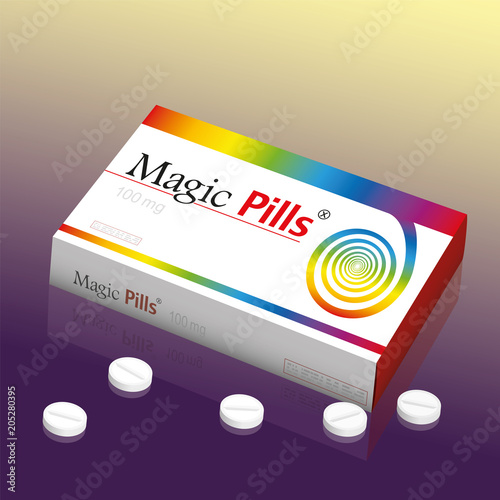 Medicine packet named MAGIC PILLS, a medical panacea product to promise miracle cure, assured health or other wonders concerning healing issues.