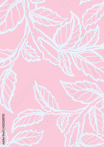 Hand drawn pastel blue leaves vector card on a pink background. Realistic floral illustration for design template luxury packing, wrapping paper, notebook cover.