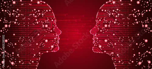 Big data, artificial intelligence, machine learning in online dating in form of women and men face outline outline with circuit board and binary data flow on red background.