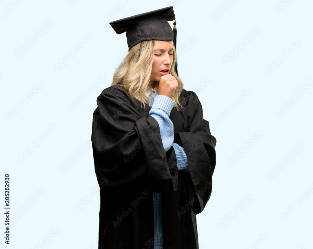 Young graduate woman sick and coughing, suffering asthma or bronchitis, medicine concept Young graduate woman sick and coughing, suffering asthma or bronchitis, medicine concept
