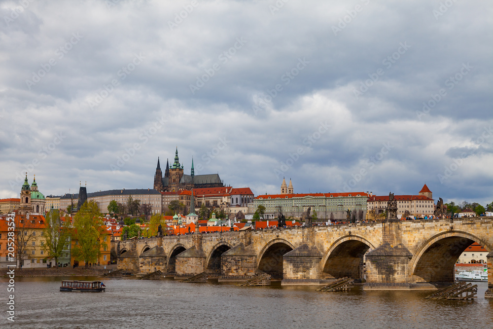 Scenic view on Vltava river and historical center of Prague, buildings and landmarks of old town, Czech Republic
