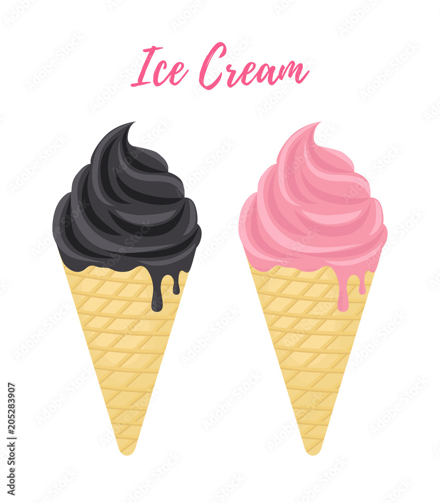 Vector black charcoal and pink vanilla ice cream in cones. Cartoon flat style