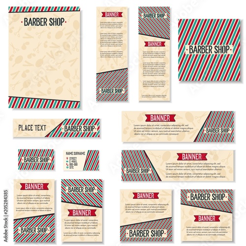 Corporate identity template for barbershop. Set of banner template. Voucher,card,brochure,invitation label.Business information objects in retro and vintage. Vector illustration for salon.