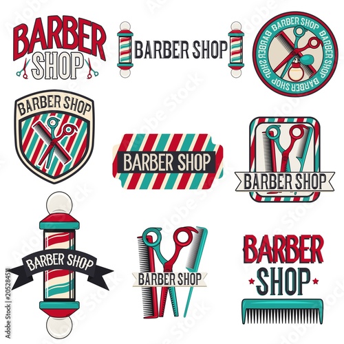 Set of vintage barbershop logo, emblems, badges with haircut equipments. Vector illustration