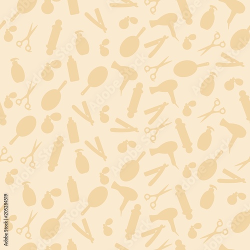 Seamless pattern with barbershop objects. Vector background with comb, scissors, straight razor. Perfect for poster, banner, label for barbershop and grooming salon. Vector illustration