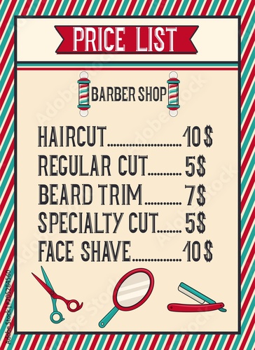 Barbershop price list vintage template. Gentleman hair styles listed. Haircut and shave. Vector illustration