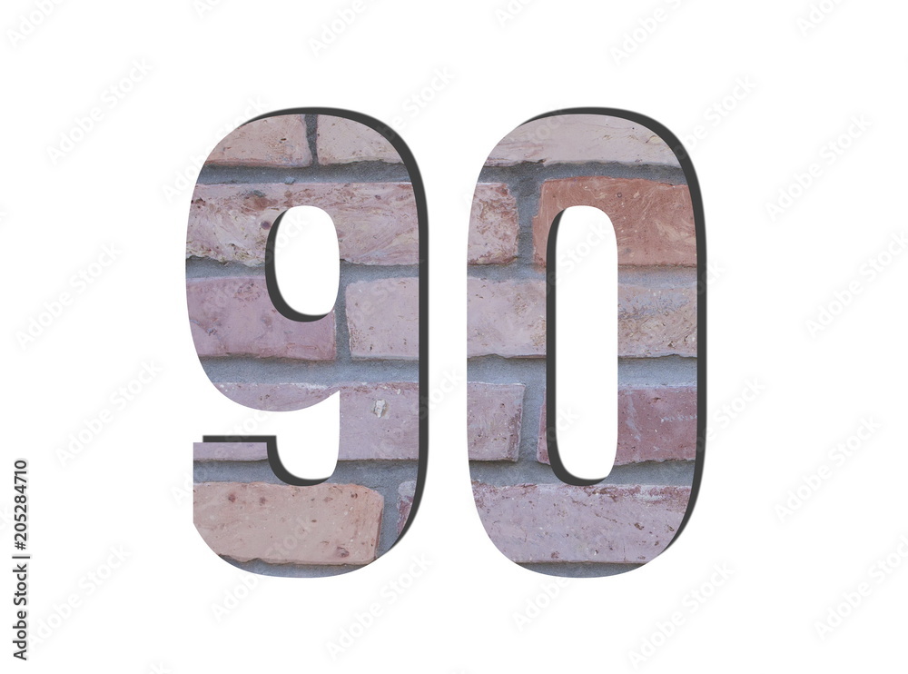 90 Number. Decorative red brick wall texture. English style. White isolated 90 Number. Decorative red brick wall texture. English style. White isolated