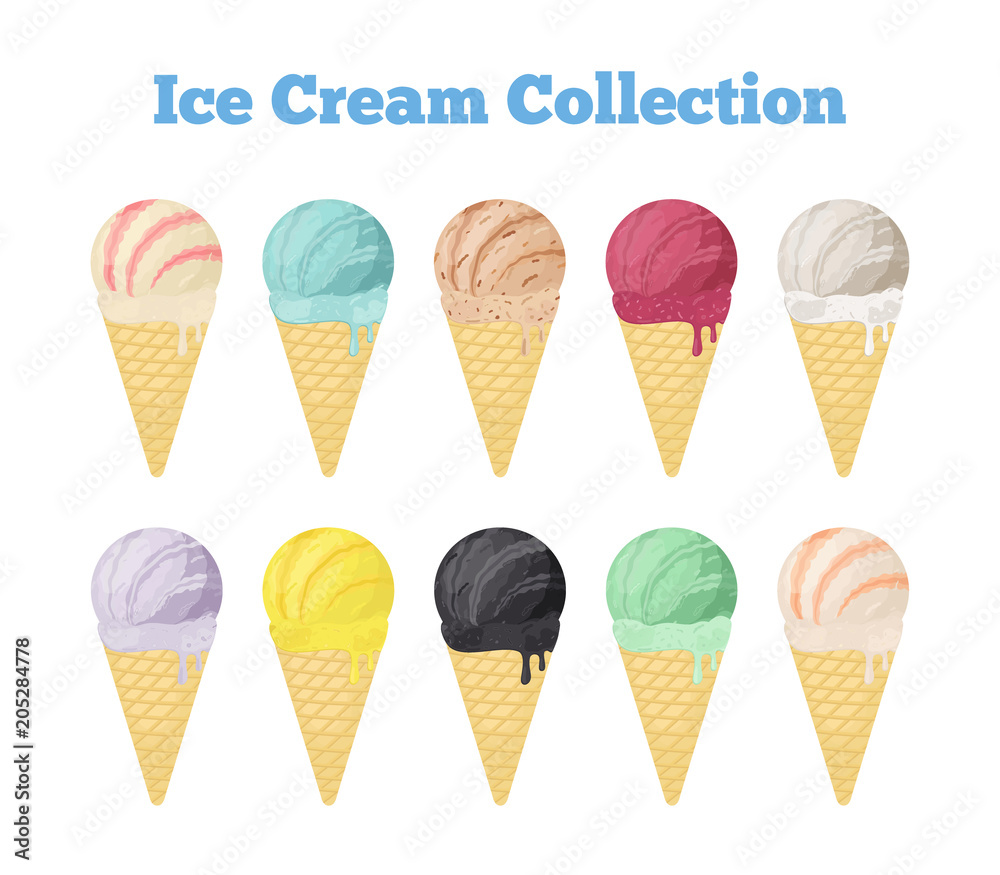 Vector ice cream collection in cones. Black icecream. Cartoon flat style