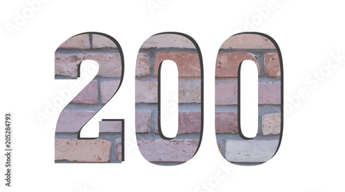 200 Number. Decorative red brick wall texture. English style. White isolated