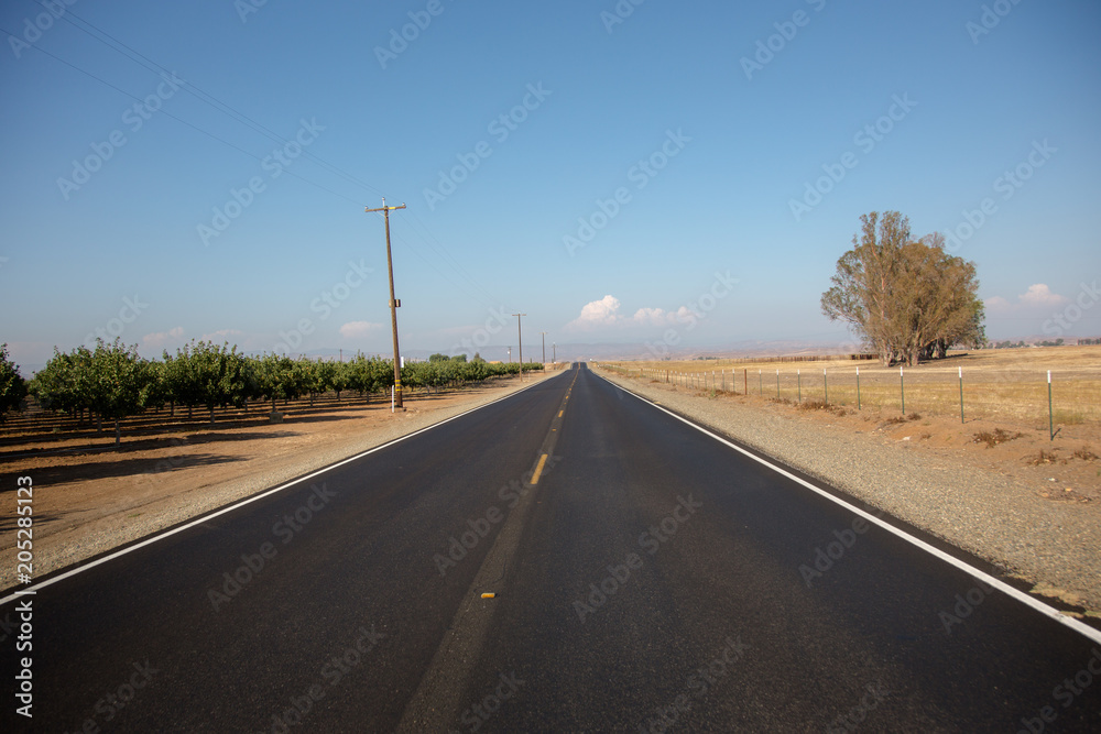 Die asphaltierte Strasse mit gelben Mittelstreifen unter blauem Himmel führt schnurgerade durch die Wüste und scheint unendlich zu sein. Road to nowhere.	