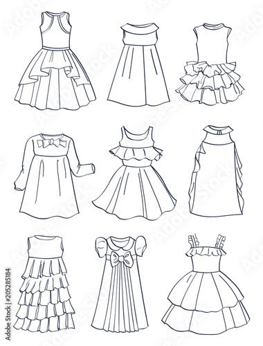 Contours of festive dresses for little girls, beautiful ruffles, curvy skirts,wonderful styles for little princesses, isolated on white background