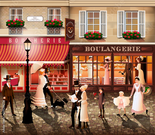 Evening walk on the street of Paris. Handmade drawing vector illustration in the style of the early 20th century. All items - easily scalable separate objects. 