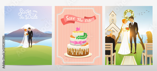 Wedding card. Bride And Groom. Valentines Day. Newlyweds and cake vector illustration. Love concept. Just married, summer landscape. Vintage Poster Banner. Rustic background.