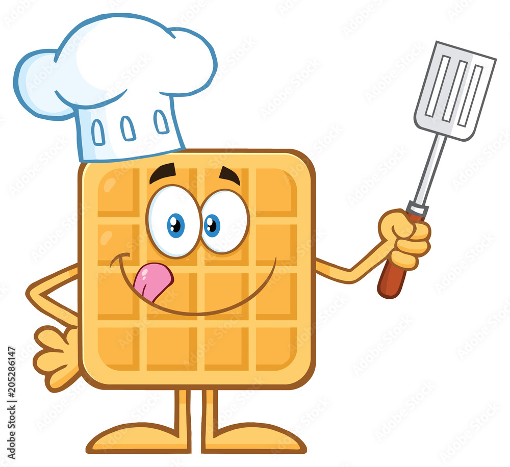 Chef Square Waffle Cartoon Mascot Character Holding A Slotted Spatula