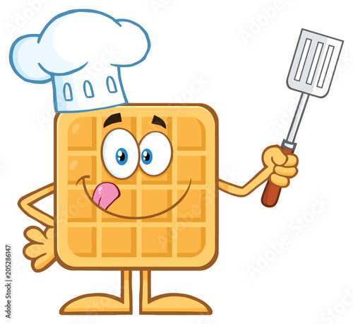 Chef Square Waffle Cartoon Mascot Character Holding A Slotted Spatula. Illustration Isolated On White Background