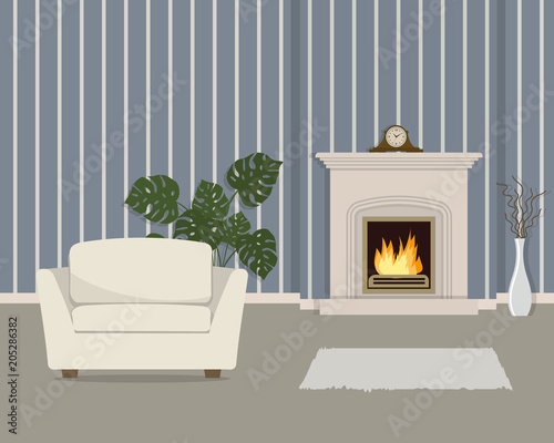 Living room with fireplace and white armchair on a sriped wallpaper background. The room also has a vase with decorative branches, mantel clock and big flower. Vector illustration.