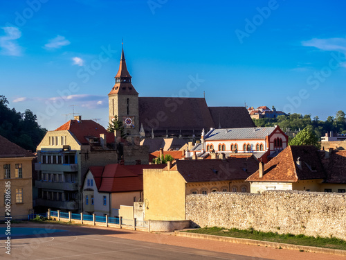 Cityscape of Brasov, Black Church architecture, Transylvania region, Romania