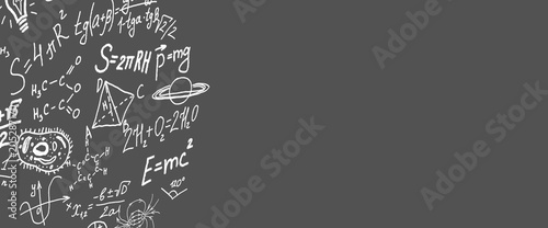 Science symbols, formulas on grey background copy space 3D illustration