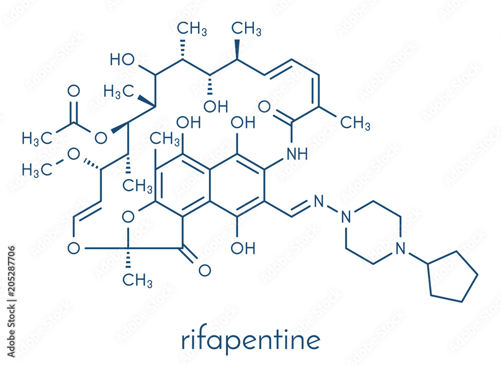 Rifapentine antibiotic drug molecule. Used in treatment of tuberculosis. Skeletal formula.